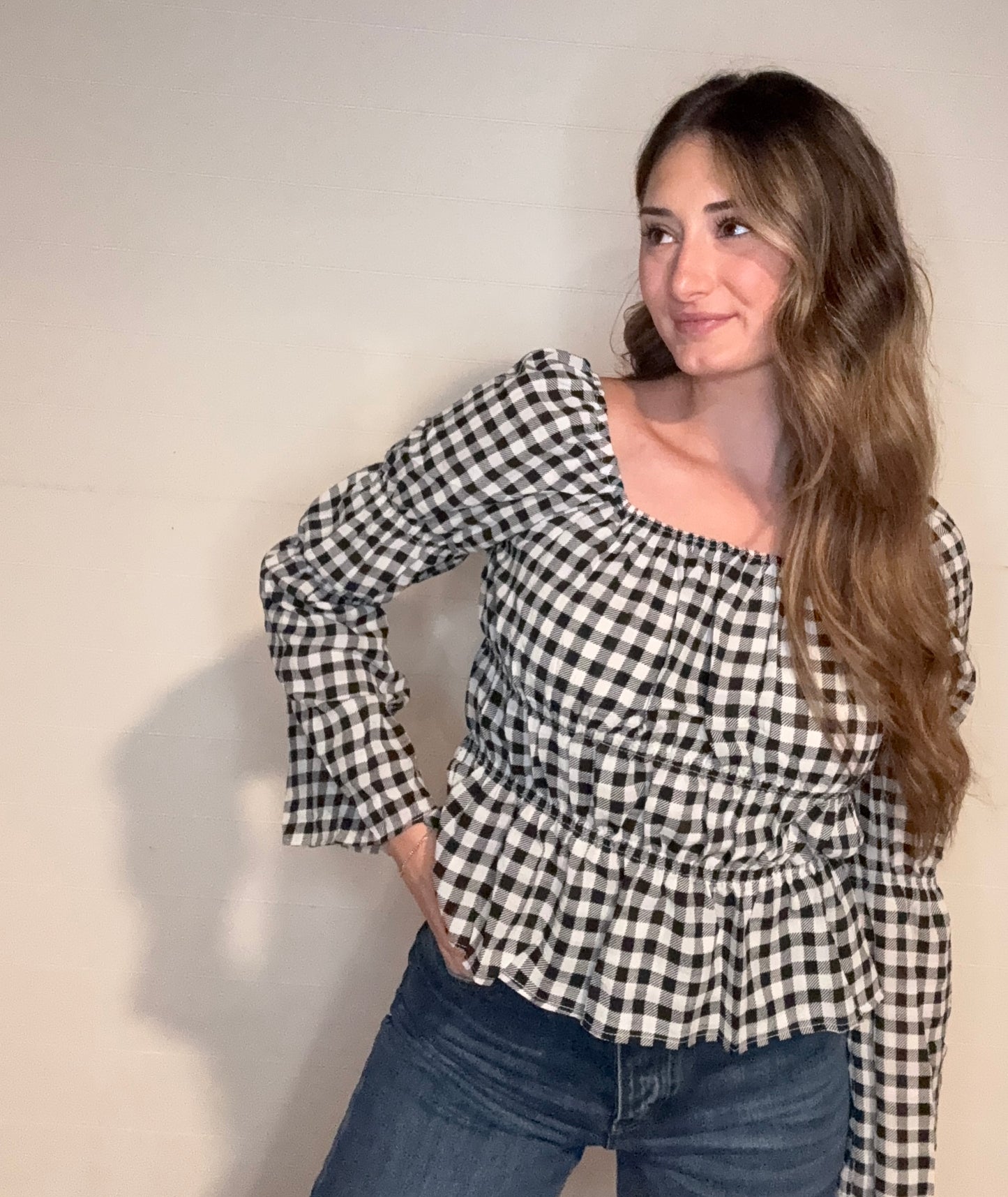 Gingham Square Neck Top